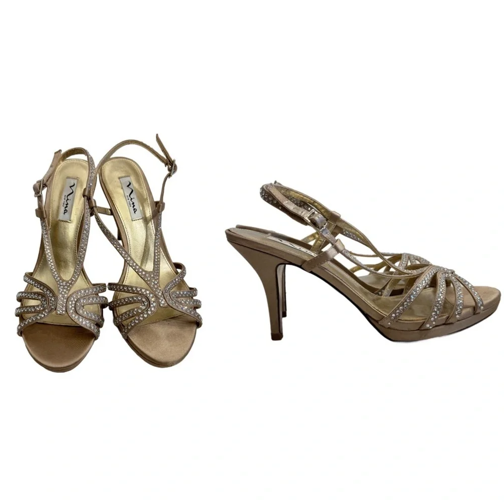 Nina Gold Rhinestone Strappy Heels Sz 7.5 Party Shoes Wedding Formal Cocktail